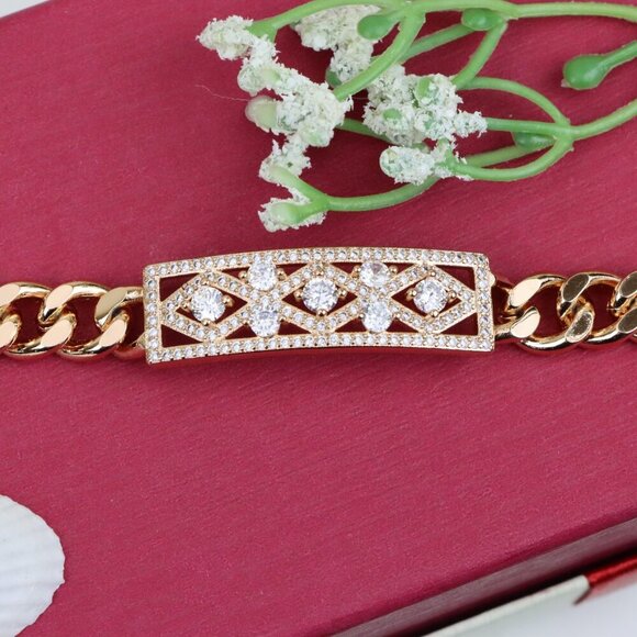 "Rose Gold Bracelet with Geometric CZ Panel and Bold Chain, XPBL0816 - Picture 12 of 12